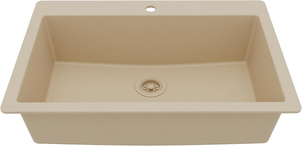 Karran 33' Drop-In Top Mount Quartz Composite Single Bowl Kitchen Sink in Bisque – Extra Deep 9' Basin, Heat Resistant, Sound Dampening, Easy Clean Surface