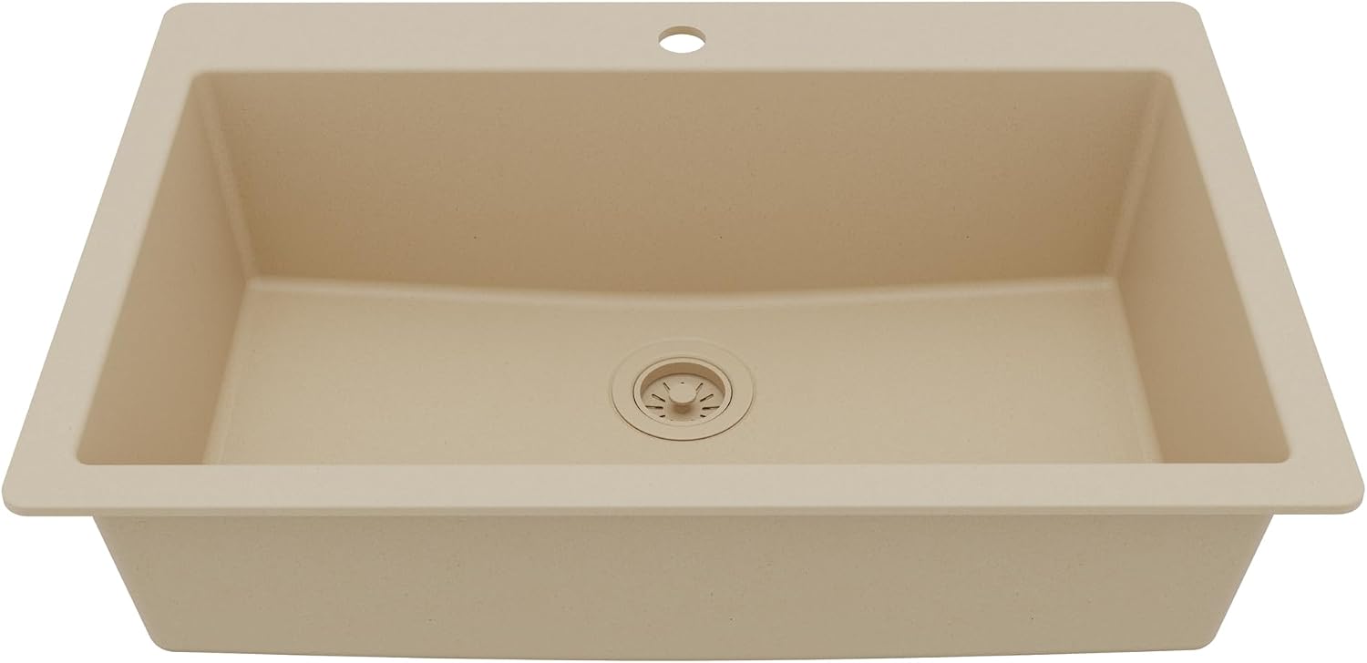 Karran 33' Drop-In Top Mount Quartz Composite Single Bowl Kitchen Sink in Bisque – Extra Deep 9' Basin, Heat Resistant, Sound Dampening, Easy Clean Surface