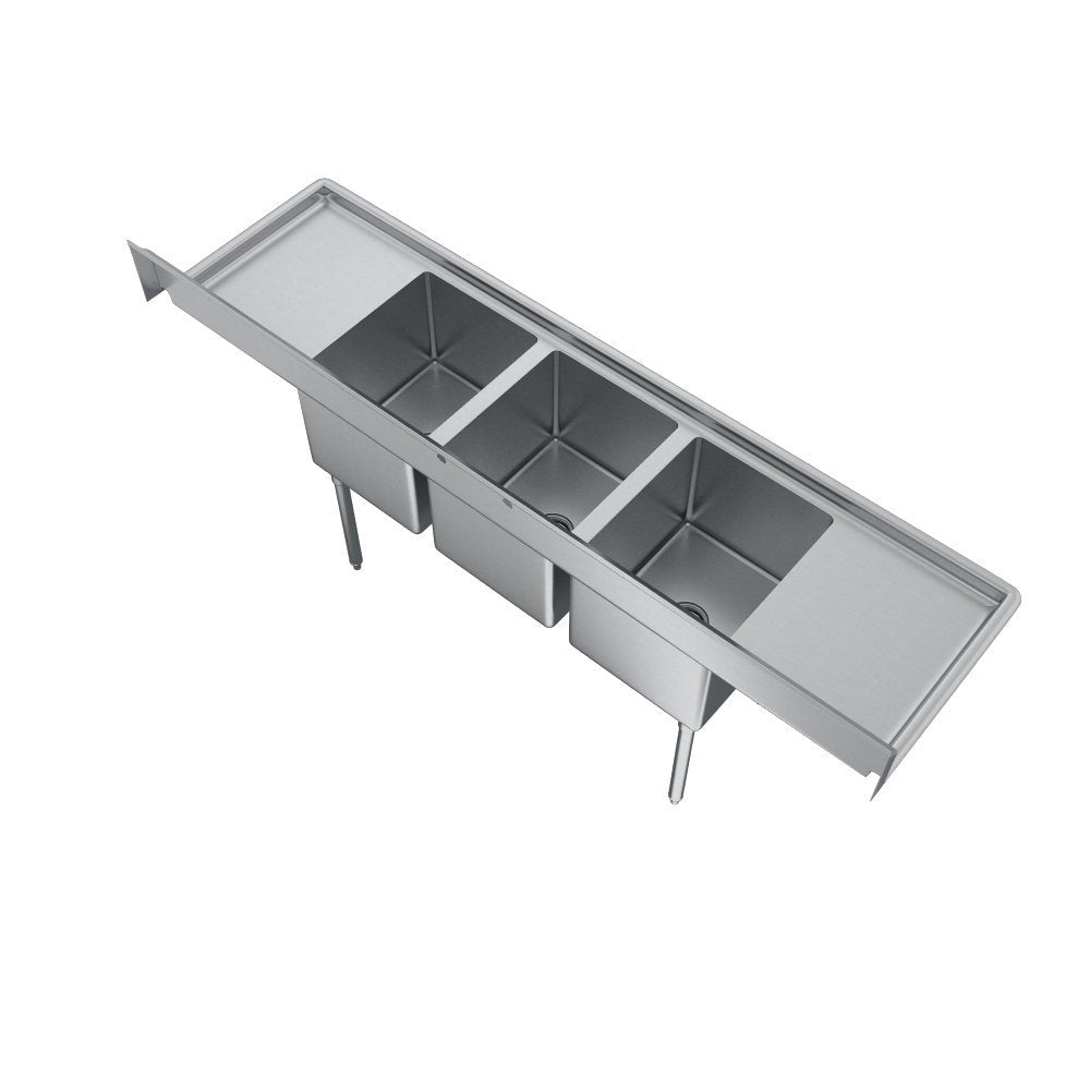 Elkay Foodservice 3 Compartment Sink, 88'X25.75' OA, 36' Working Height, 16X20 Bowl, 12 Deep, 9.75' Backsplash, Left & Right 18' Drainboards, 8' On Center Faucet Hole, Galvinized Legs, Adjustable Feet, 18 Gauge 300 Series Stainless Steel, NSF Certified