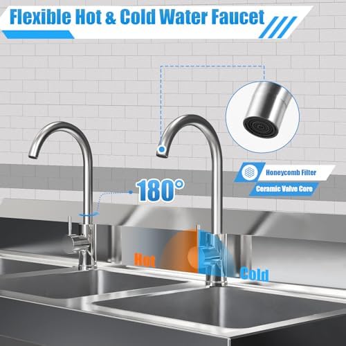 3-Compartment Sink, Stainless Steel Utility Sink with Hot & Cold Faucets, Freestanding Commercial Triple Bowl Kitchen Sink for Bars and Kitchens