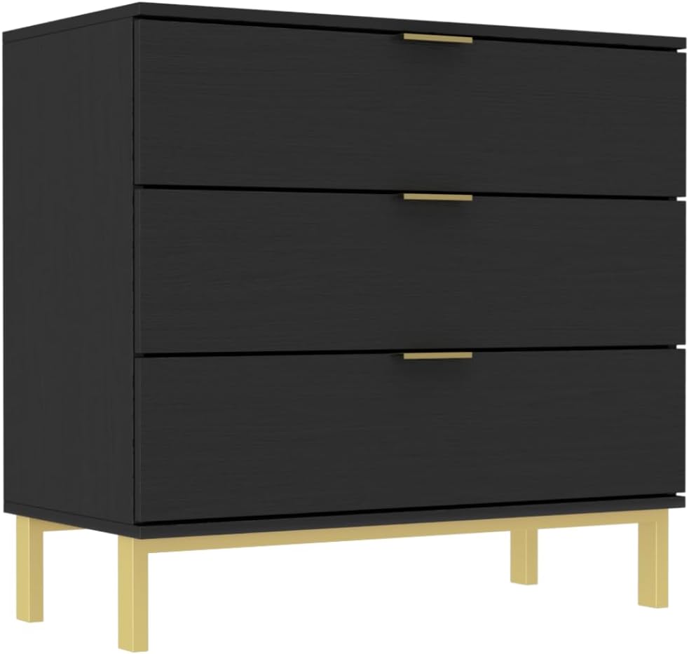 Large Black Nightstand Modern End Table with 3 Drawers, Gold Metal Handles & Legs, Bed Side Table for Living Room, Black and Gold, 31.5'W x 15.7'D x 29.5'H