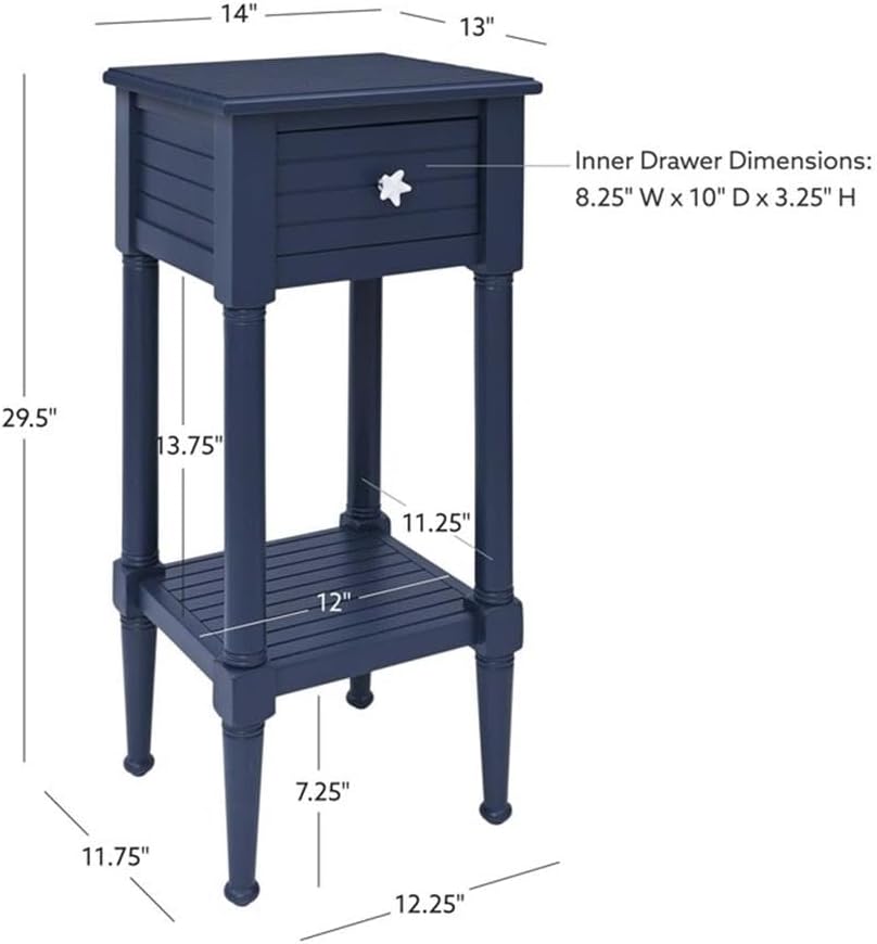 BOWERY HILL Modern Wood Accent Side Table, Navy Finish, 14' w x 13' d x 29.5' h, Starfish Knob, Coastal Style with Drawer and Shelf, Slim Design Living Room End Table or Bedroom Nightstand
