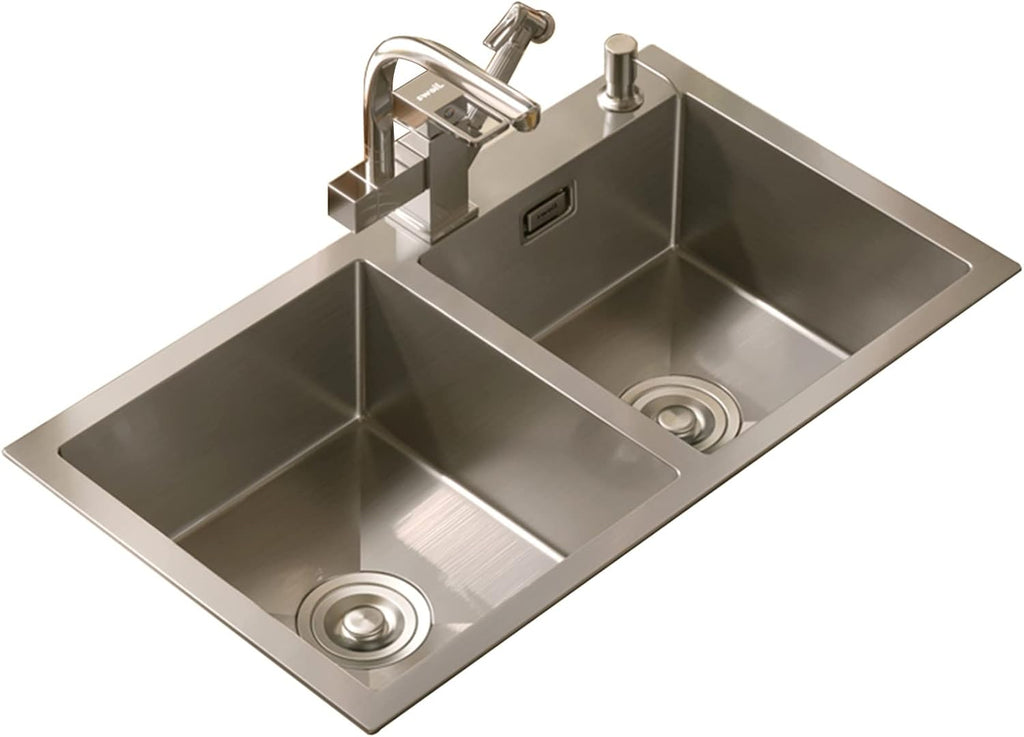 304 Stainless Steel Kitchen Sink Silver Double Bowl Bar Prep Sink RV Sink with Drain Pipe and Installation Kit Drop in Or Undermount (Color : NO Faucet, Size : 72x40x21cm) (Dhave Faucet 72x40x21c