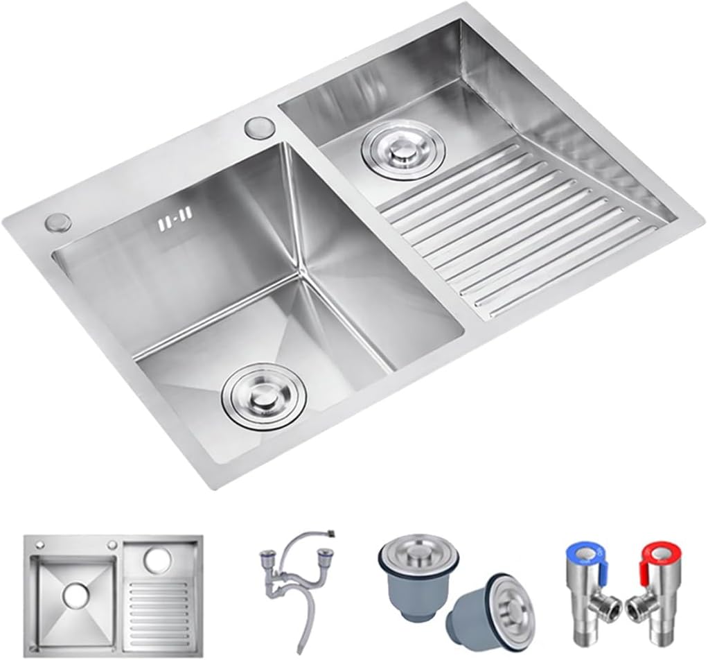 Double Bowl Kitchen Sink Bathro Sinks with Washboard Large 304 Stainless Steel Laundry Sink Multifunctional Bar Kitchen Sink with Drainage Cponent (Color : Silver-b, Size : 60x48x21cm)