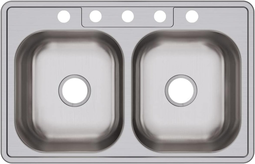 Dayton Stainless Steel 33' x 21-1/4' x 6-9/16', 5-Hole Equal Double Bowl Drop-in Sink