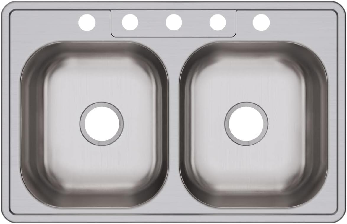 Dayton Stainless Steel 33' x 21-1/4' x 6-9/16', 5-Hole Equal Double Bowl Drop-in Sink