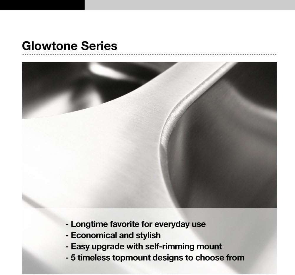 Houzer Glowtone Stainless Steel Kitchen Sink: 33 Inch Drop-in Topmount 4-Hole 50/50 Double Bowl, Durable & Versatile, Essential for Home & Apartment: 3322-8BS4-1