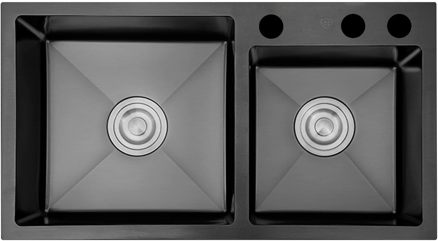 Matte Black Double Bowl Kitchen Sink 304 Stainless Steel Square Bar & Prep Sink RV Sink with Downpipe and Drain Top Mount Or Undermount (Color : Black, Size : 75x41x22cm)