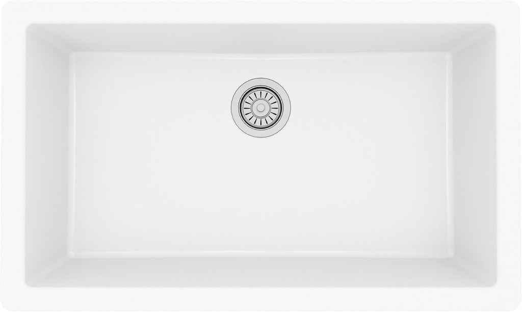 Karran Undermount 33' Large Single Bowl Granite Quartz Composite Kitchen Sink in Concrete – Extra Deep 9' Basin, Heat & Scratch Resistant, Sound Dampening, Rear Drain – QU-812