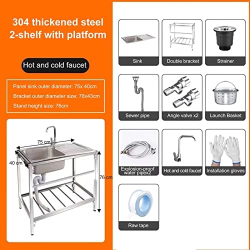 Freestanding Utility Sink,Stainless Steel Utility Sink Freestanding Single Bowl Kitchen Sinks with Hot Cold Water Tap and Drainer Unit Durable Utility Washi(Hot and Cold a-75x40x76cm