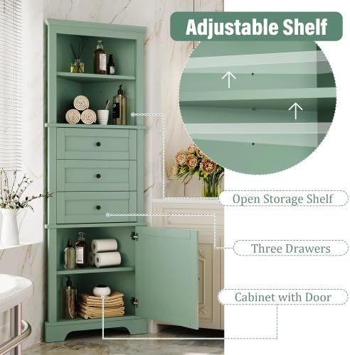 Bellemave Tall Bathroom Cabinet with 3 Drawers and Adjustable Shelves, Freestanding Floor Triangle Corner Cabinet for Bathroom, Living Room (Green)