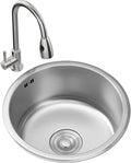 304 Stainless Steel Kitchen Sink Round Silver Single Bowl Bar Prep Sink with Faucet and Drain Assembly Drop-in Or Undermount (Color : C-Have Faucet, Size : 36x36x20cm) (Chave Faucet 32x32x20cm)
