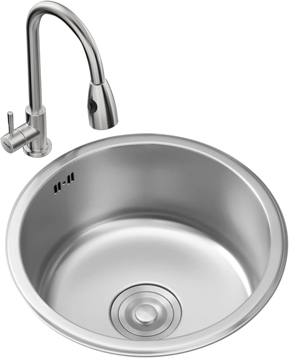 304 Stainless Steel Kitchen Sink Round Silver Single Bowl Bar Prep Sink with Faucet and Drain Assembly Drop-in Or Undermount (Color : C-Have Faucet, Size : 36x36x20cm) (Chave Faucet 32x32x20cm)