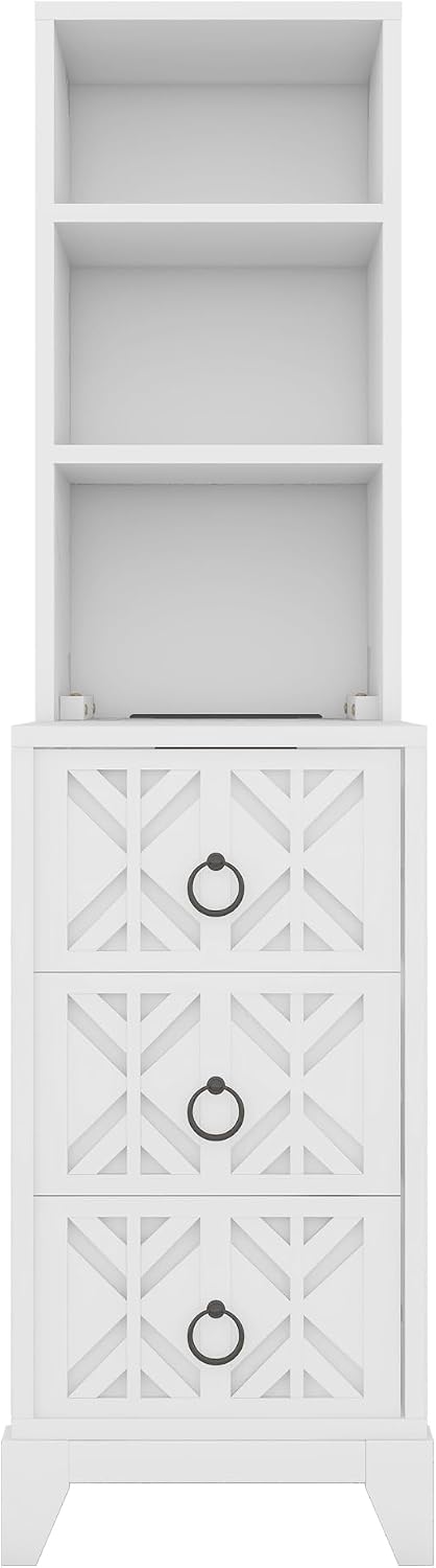 Mirightone Tall End Table with 3-Drawer and Shelves, Narrow Side Table with Charging Station, High Slim Corner Cabinet Bedside Table with Storage Bookcase for Living Room Bedroom, White