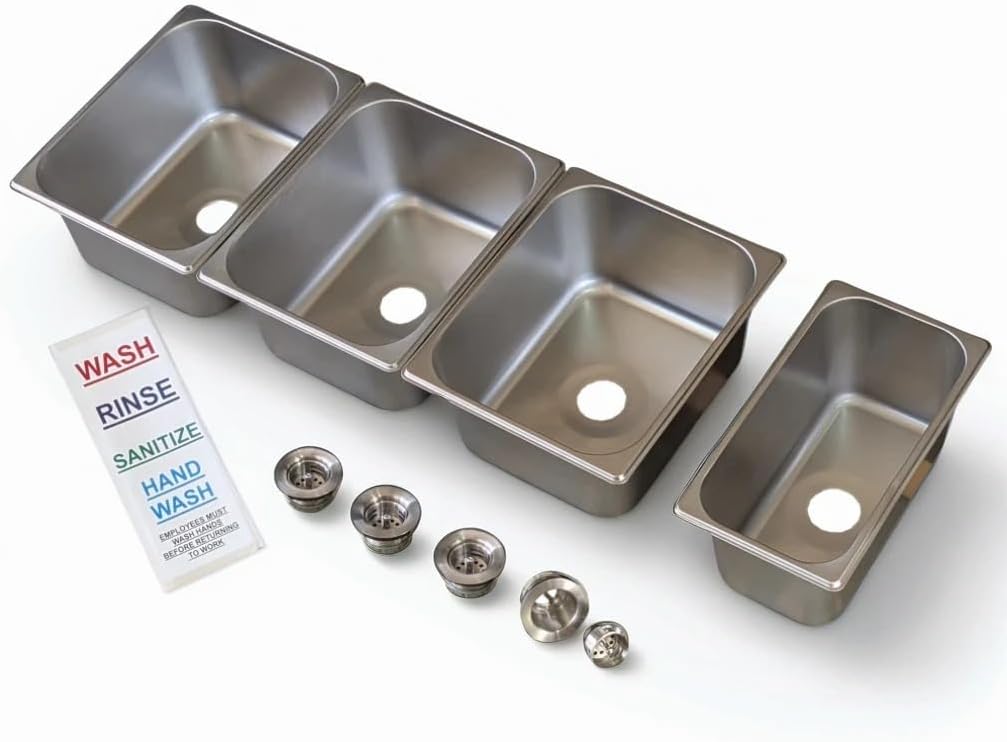 4-Compartment Drop-in Stainless Steel Concession Sink Kit, 12.75x7x6 inches (Large sink bowl), 12.75x10.5x6 inches (small sink bowl), with Strainers and Waterproof Safety Labels