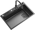 304 Stainless Steel Single Bowl Kitchen Sink Square Nano Bar Sink Rv Sink with Pull-Out Faucet and Drainage Components Top Mount Or Undermount (Color : Black-C, Size : 75x46x20cm) (Blacka 75x46x2