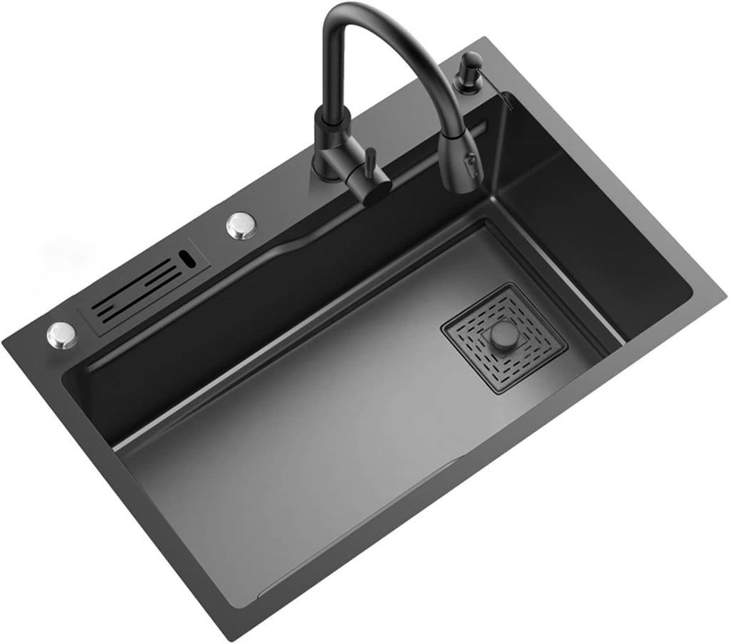 Generic 304 Stainless Steel Single Bowl Kitchen Sink Square Bar Sink Rv Sink with Pull-Out Faucet and Drainage Cponents Top Mount Or Undermount (Color : Black-A, Size : 75x46x20cm)