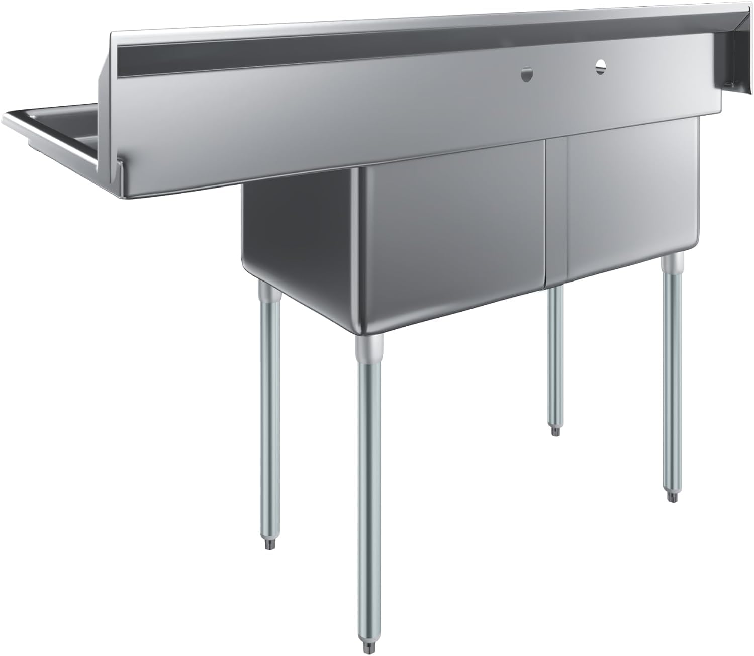 Stainless Steel Prep & Utility Sink | 304 Stainless Steel | Restaurant, Kitchen, Laundry, Garage | NSF (23 in. x 57 in. | Two Bowls | Right Drainboard)