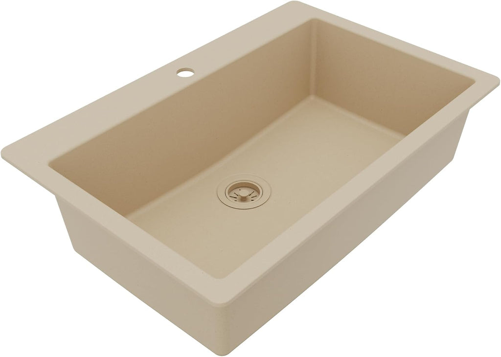 Karran 33' Drop-In Top Mount Quartz Composite Single Bowl Kitchen Sink in Bisque – Extra Deep 9' Basin, Heat Resistant, Sound Dampening, Easy Clean Surface