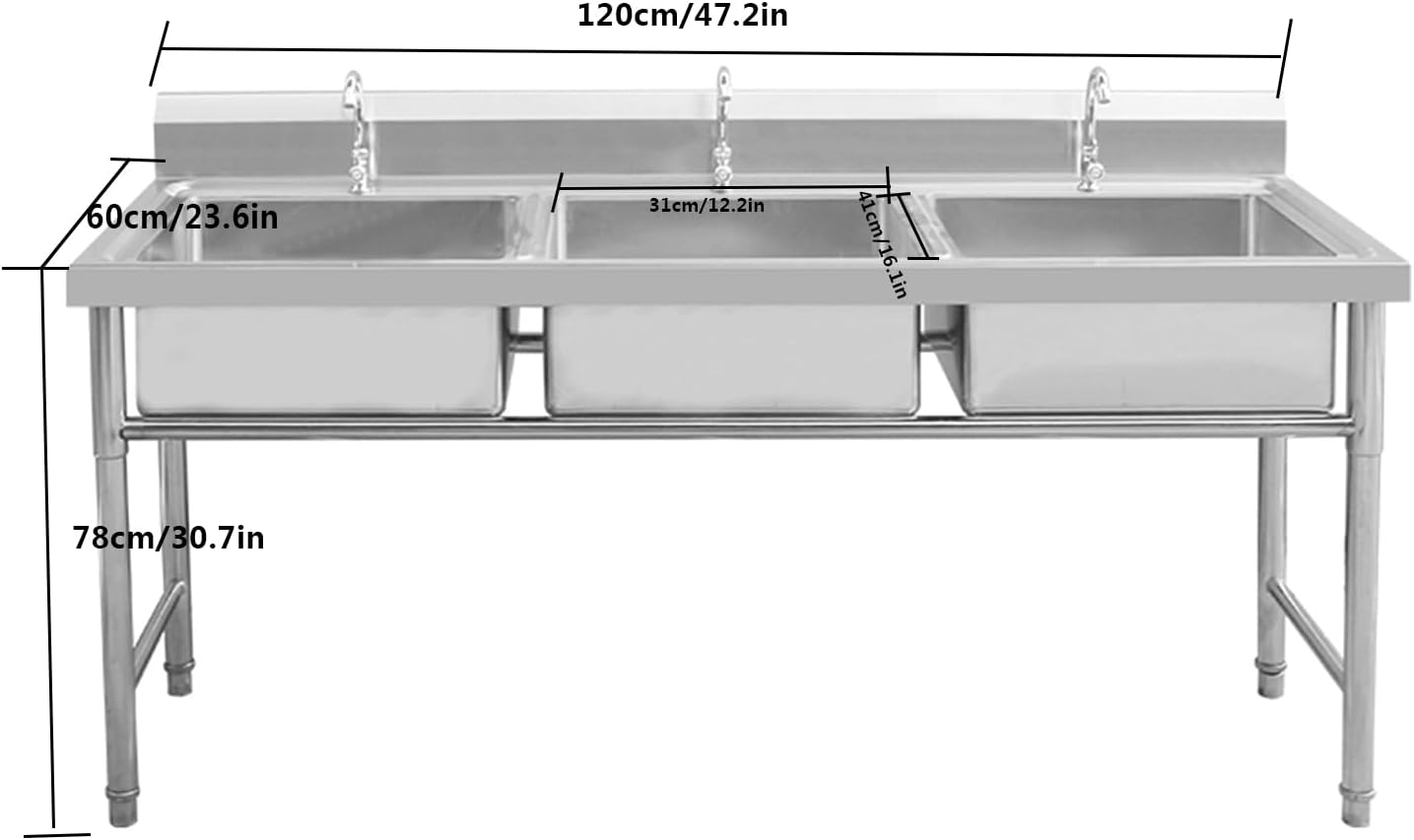 Commercial Triple Bowl Kitchen Sink, Stainless Steel Utility Sink, Washing Basin for Indoor Outdoor Garage Backyard(120X60cm/47.2X23.6in)