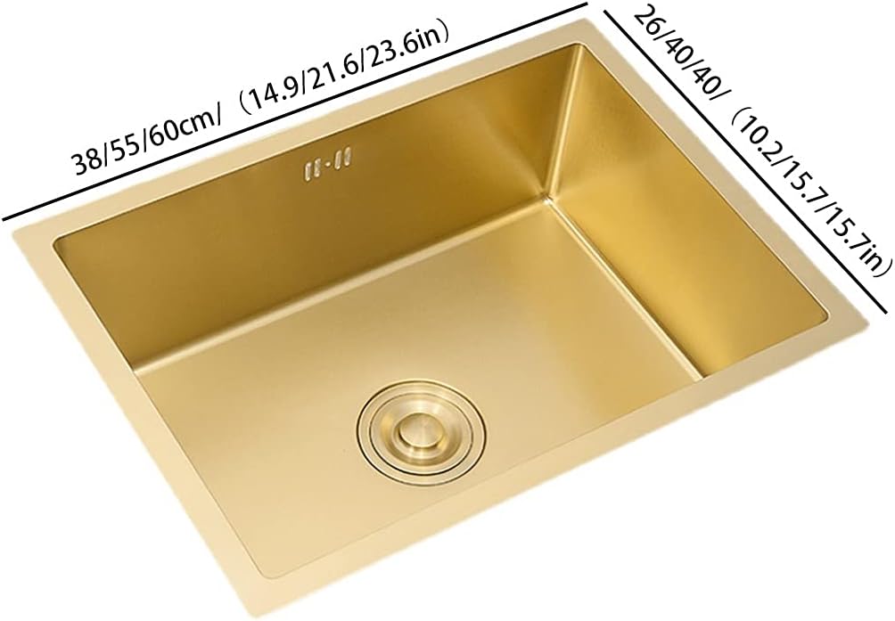 Kitchen Sink Stainless Steel Metal Sink Single Bowl Bar Counter Preparation with Drain Pipe Drop-in Or Undermount Kitchen Essentials (Color : Gold, Size : 55×40cm) (Gold 55×40cm)