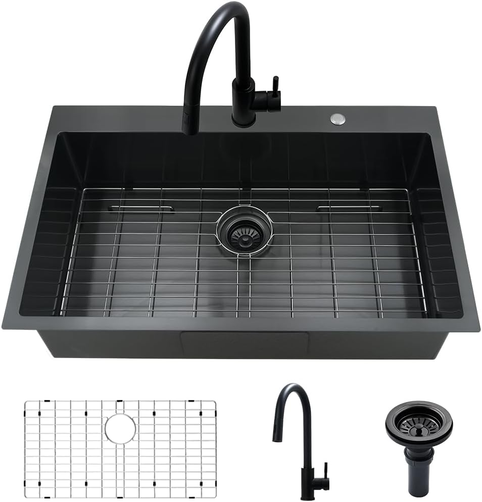 30 Inch Black Kitchen Sink Drop In-VASOYO 30x18 Black Stainless Steel Drop In Kitchen Sink Deep Single Basin Kitchen Sink Top Mount Kitchen Sinks with Faucet Combo