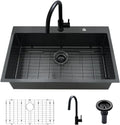 30 Inch Black Kitchen Sink Drop In-VASOYO 30x18 Black Stainless Steel Drop In Kitchen Sink Deep Single Basin Kitchen Sink Top Mount Kitchen Sinks with Faucet Combo