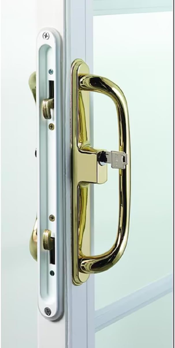 8.5' Legacy Sliding Patio Glass Door Offset Latch Diecast Plated Gold Handle Set Replacement with Keys - Sash Controls 2265 Keyed Lock - Fits 3-15/16' Hole Spacing + 1-1/4' to 2-1/4' Door Thickness