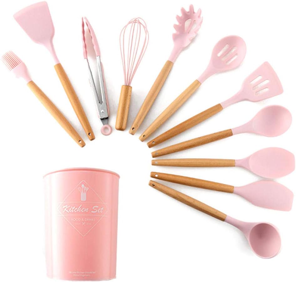 Silicone Cooking Utensil Set 12PCS Silicone Wood Turner Soup Spoon Spatula Brush Scraper Pasta Server Egg Beater Kitchen Cooking Tools Kitchenware-Green (Pink)