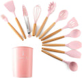 Silicone Cooking Utensil Set 12PCS Silicone Wood Turner Soup Spoon Spatula Brush Scraper Pasta Server Egg Beater Kitchen Cooking Tools Kitchenware-Green (Pink)
