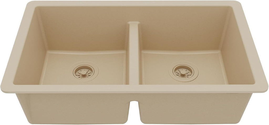 Karran 32' Bisque Quartz Composite Undermount Double Bowl Kitchen Sink with Low Divider – 50/50 Equal Bowl, 80% Natural Quartz, 535°F Heat Resistant, Sound Dampening, QU-810