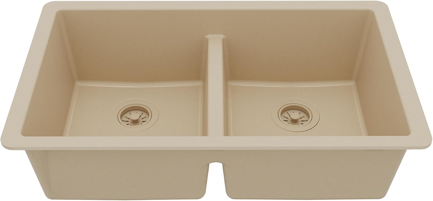 Karran 32' Bisque Quartz Composite Undermount Double Bowl Kitchen Sink with Low Divider – 50/50 Equal Bowl, 80% Natural Quartz, 535°F Heat Resistant, Sound Dampening, QU-810