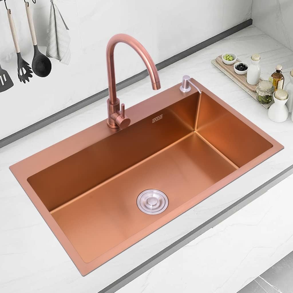 Kitchen Sink Single Bowl Stainless Steel Bar Or Prep with A Big Bend Faucet & Drainage Components Top Mount Or Undermount (Color : Rose Gold, Size : 68x45x21cm) (Rose Gold 60x45x21cm)
