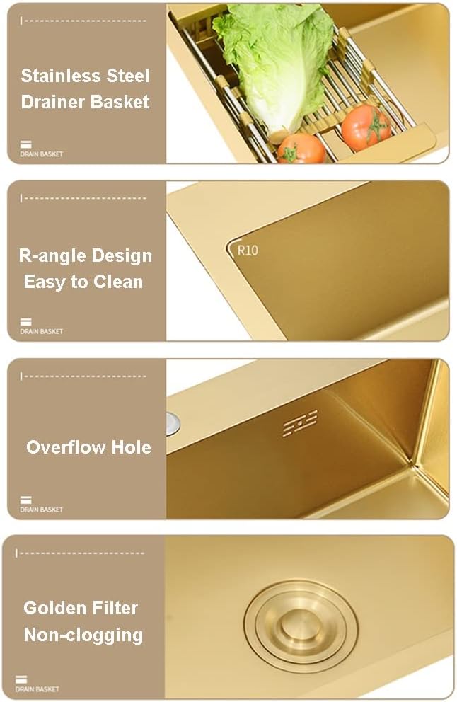 Single Bowl Kitchen Sink - Gold Kitchen Sink - Drop in & Top Mount Kitchen Sink - 16 Gauge Stainless Steel Kitchen Sinks,KitD-53x43x22cm