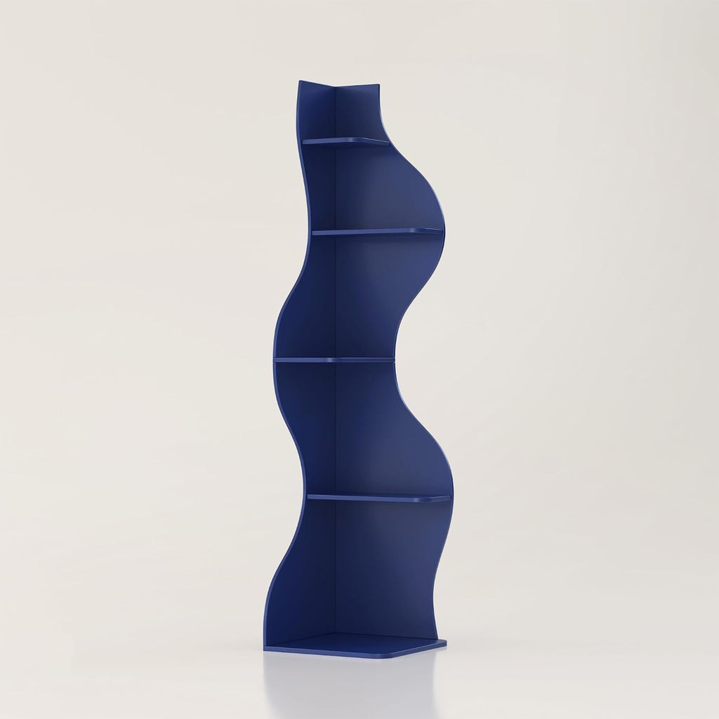 YOWOS 69.4' 5-Tier Modern Corner Bookshelf – Wavy Wooden Display Shelf with Storage, Narrow Corner Bookcase for Small Spaces, Ideal for Plants, Books & Decor (Blue)