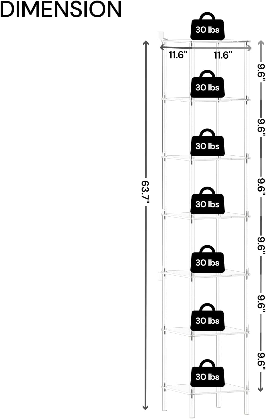 7-Tier Square Acrylic Bookshelf, Clear Tall Narrow Bookcase for Small Space, Corner Open Display Book Shelves for Home Office, Living Room, Bedroom, Modern, 11.6''W x 63.7''H