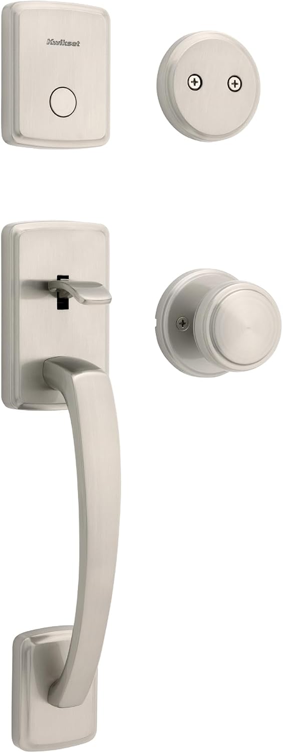 Kwikset Brentford Front Door Lock Handle and Deadbolt Set, Dummy Handleset Exterior with Interior Door Knob, Secure Locking Deadbolt, Satin Nickel