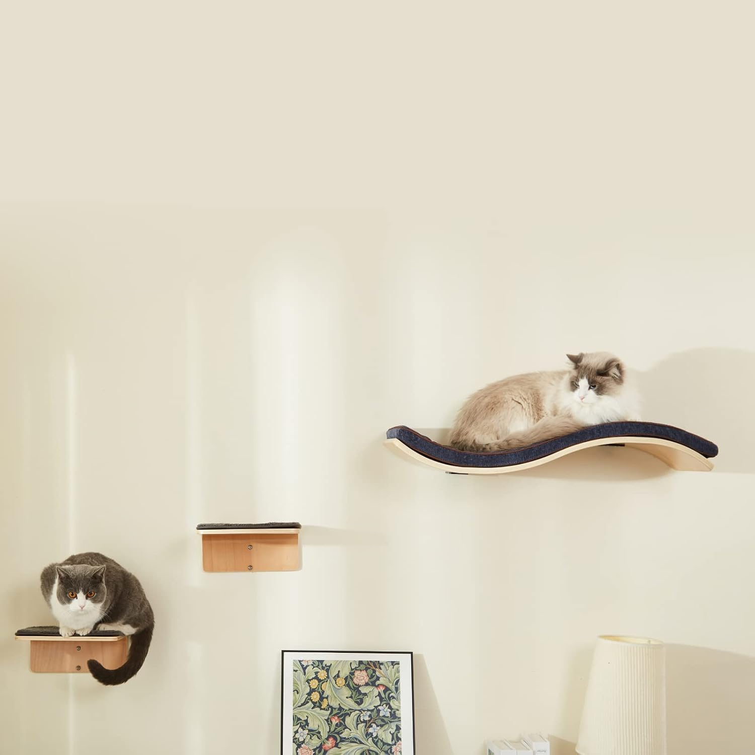 LIORCE Cat Wall Shelf with Two Steps - Wave Cat Shelves and Perches for Wall - Wall Mounted Cats Furniture for Sleeping, Playing, Climbing, and Lounging