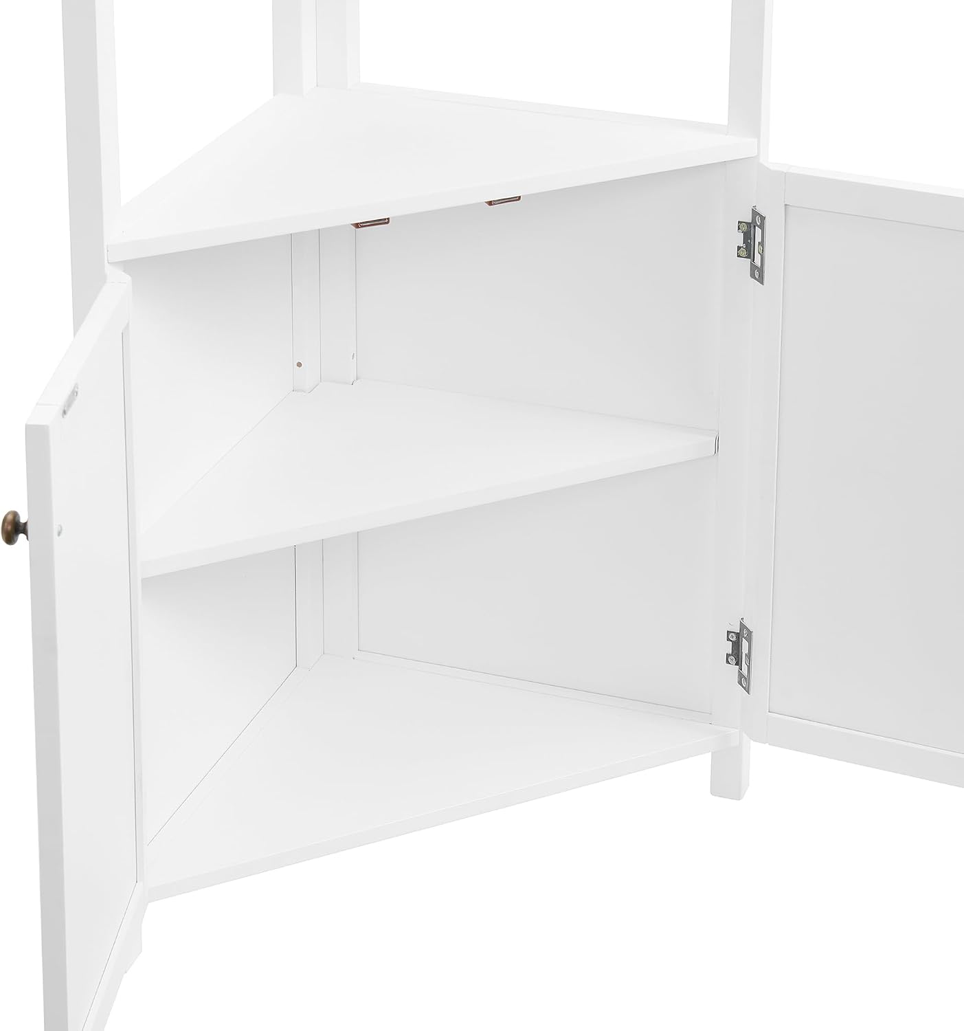 Alaterre Furniture Dover Corner Bathroom Storage Cabinet – 25' x 68' Tall Freestanding Corner Cabinet with 2 Doors, Open Shelves, Adjustable Inside Shelving, and Space-Saving Design (White)