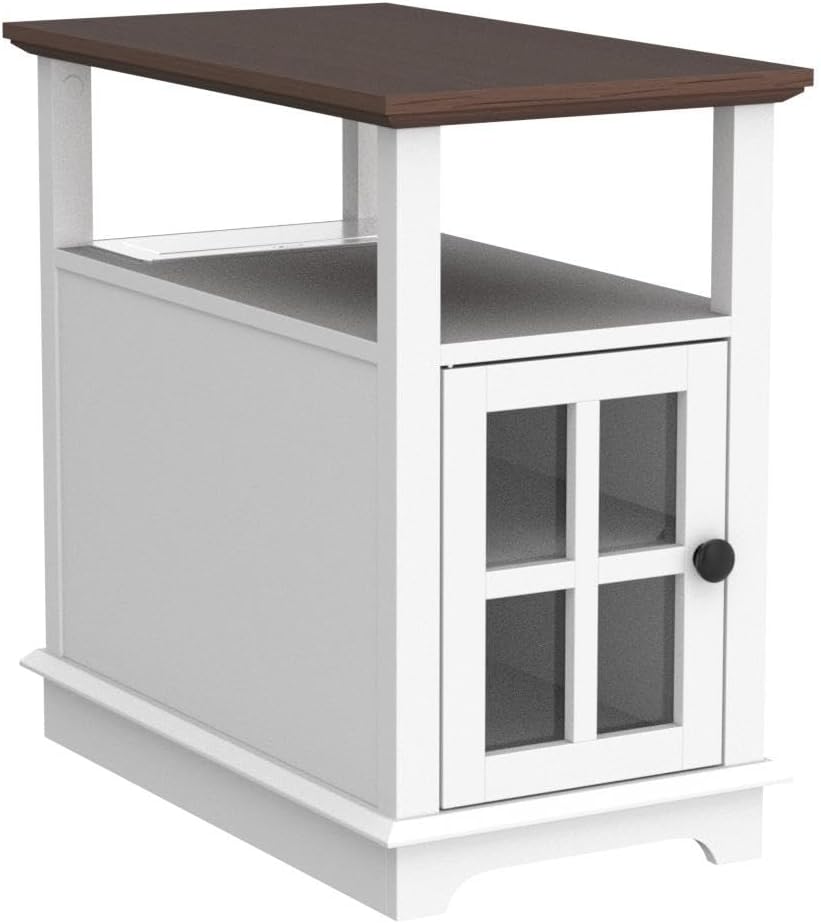 HIFYOBRO Narrow End Table with Flip Top Charging Station, Storage Side Table, Type-C & USB Port & Adjustable Shelf, White Nightstand for Living Room & Bedroom