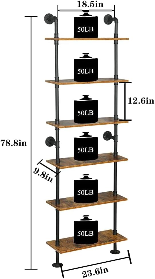ZIOTHUM 6-Tier Industrial Pipe Shelves Shelf Shelving Rustic Wood Metal Wrought Iron Ladder Bookcase Bookshelf Wall Mounted Mount DIY Loft Vintage Floating Hanging Storage Display (23.6x9.8x78.7)