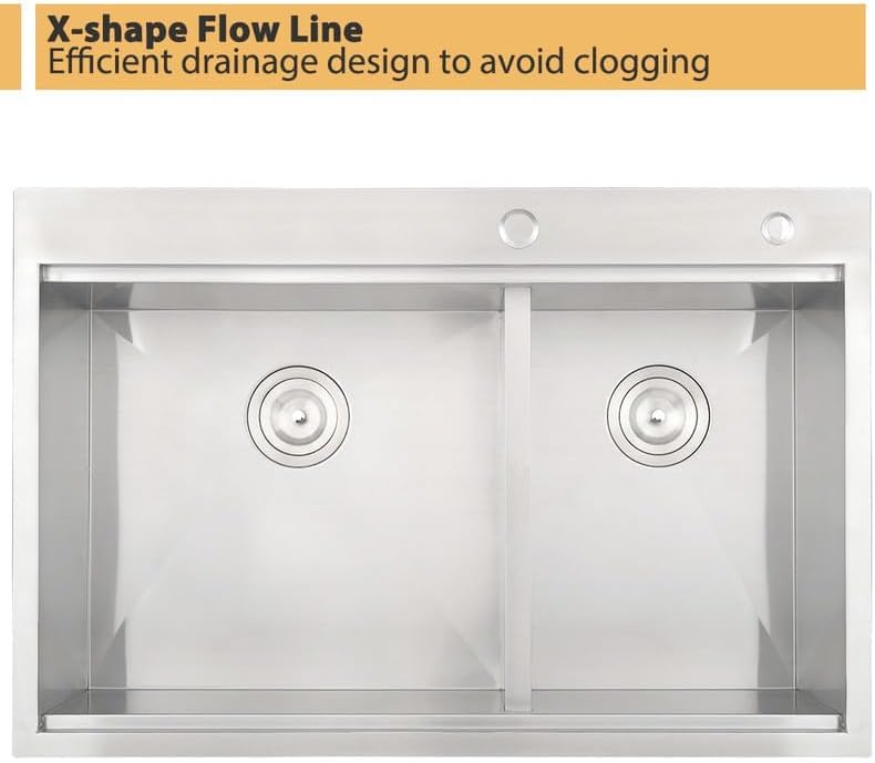 33 Inch Double Bowl Drop In Kitchen Sink Workstation-Bokaiya 33x22 Stainless Steel 60/40 Double Bowl Kitchen Sink 16 Gauge Deep Low Divide Double Sink with Cutting Board