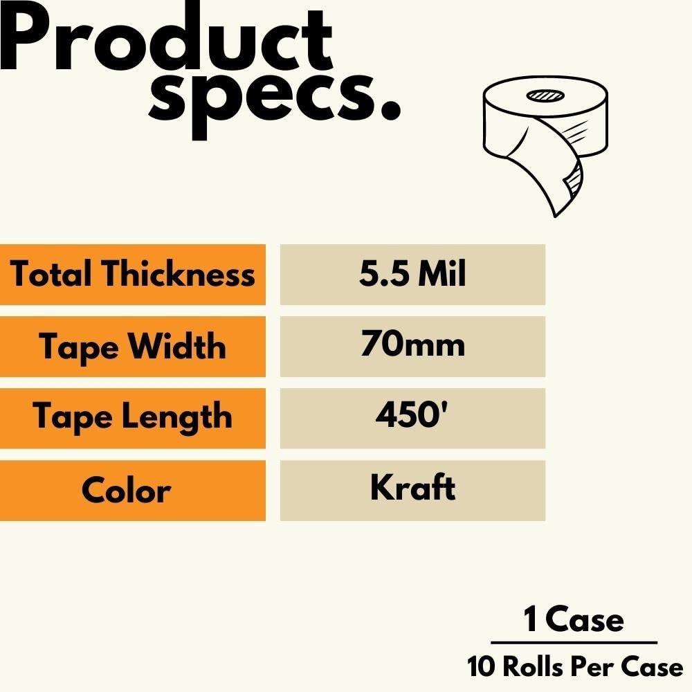 Wolverine 3.0 Brown Kraft Paper Packing Tape, 10 Pack, 2.75 Inch x 450 Feet, 5.5 Mil, Water Activated Gum Tape with Fiberglass Reinforced Strands