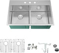 Transolid KKM-DTDE332210-3 Diamond 33-in L x 22-in W Equal Double Bowl Dual-Mount Kitchen Sink and Accessories Kit with 3 Pre-Drilled Holes in Stainless Steel