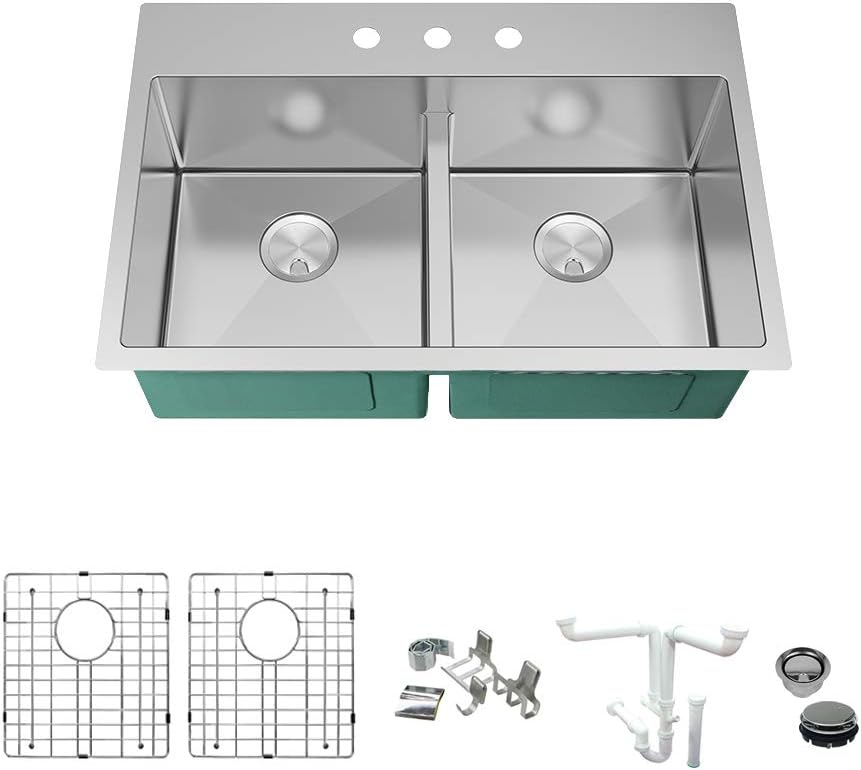 Transolid KKM-DTDE332210-3 Diamond 33-in L x 22-in W Equal Double Bowl Dual-Mount Kitchen Sink and Accessories Kit with 3 Pre-Drilled Holes in Stainless Steel