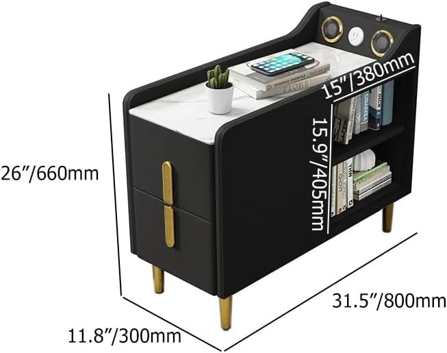 LOVEDIMA Narrow Bedside Table, Slim End Tables with Built-in Outlets, Sintered Stone Top End Table with Speaker & USB Port, Skinny Table for Small Spaces Living Room, Bedroom