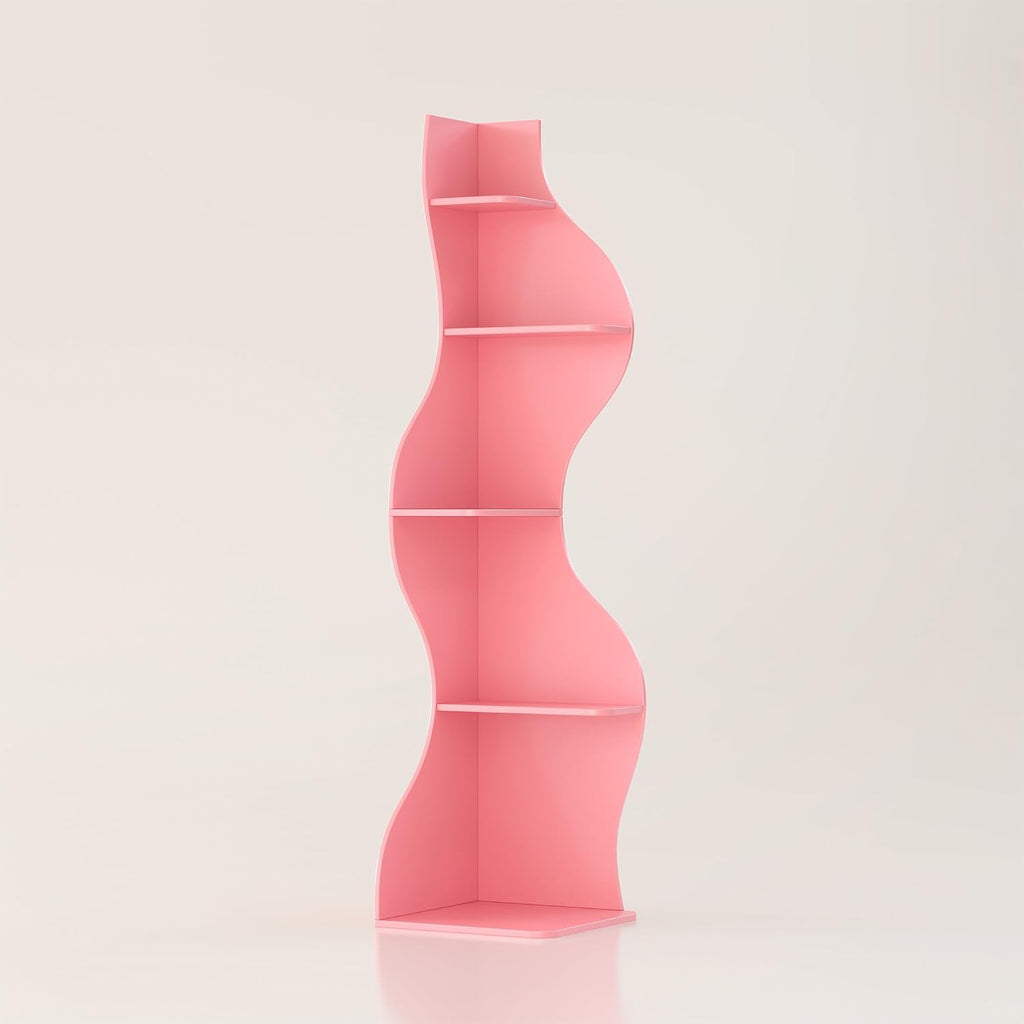 YOWOS 69.4' 5-Tier Modern Corner Bookshelf – Wavy Wooden Display Shelf with Storage, Narrow Corner Bookcase for Small Spaces, Ideal for Plants, Books & Decor (Pink)