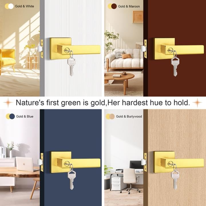 Probrico Different Keys Door Handles 5 Pack, Gold Entry Square Levers with Keyed Differently Lock for Home