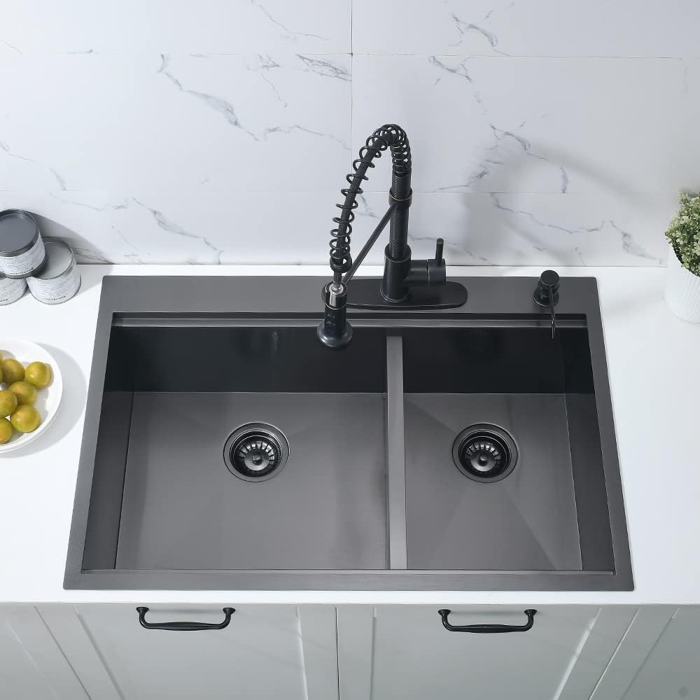 33 Inch Black Drop In Double Bowl Kitchen Sink Workstation-Bokaiya 33x22 Drop In Kitchen Sink Top Mount Workstation Sink 16 Gauge Stainless Steel Low Divide 60/40 Double Sink with Cutting Board
