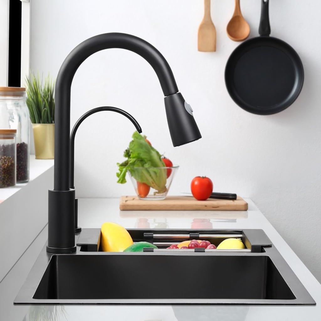 OM Stainless Steel Double Bowl Kitchen Sink Multifunctional Nano Bar Sink Black RV Sink with Pull-Out Faucet Drain Basket Soap Dispenser Drainage Component (Black-72x40x21cm